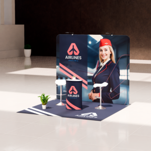 Stand modular sustentável 250x100 da Poster Digital com estrutura em alumínio, painéis personalizáveis em tecido e iluminação LED, ideal para feiras e eventos.