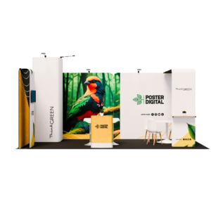 Vista superior do Stand Rio de Janeiro, estrutura modular com paredes em alumínio e tecido em tensão, ideal para feiras e exposições.