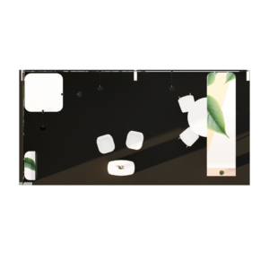 Vista superior do Stand Rio de Janeiro, estrutura modular com paredes em alumínio e tecido em tensão, ideal para feiras e exposições.