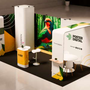 Vista frontal do Stand Rio de Janeiro, estrutura modular com paredes em alumínio e tecido em tensão, ideal para feiras e exposições.