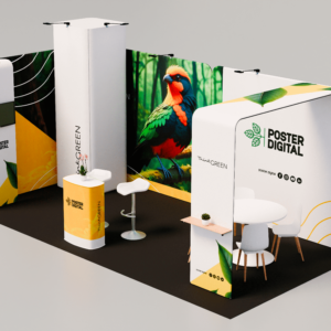 Vista lateral do Stand Rio de Janeiro, estrutura modular com paredes em alumínio e tecido em tensão, ideal para feiras e exposições.