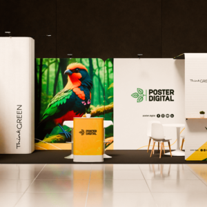 Vista frontal do Stand Rio de Janeiro, estrutura modular com paredes em alumínio e tecido em tensão, ideal para feiras e exposições.