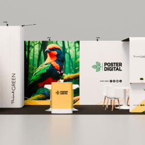 Vista frontal do Stand Rio de Janeiro, estrutura modular com paredes em alumínio e tecido em tensão, ideal para feiras e exposições.