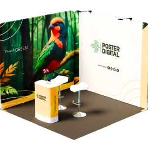 Stand modular sustentável 300x300 da Poster Digital com estrutura em alumínio, painéis personalizáveis em tecido e iluminação LED, ideal para feiras e eventos.