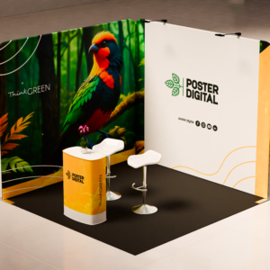 Stand modular sustentável 300x300 da Poster Digital com estrutura em alumínio, painéis personalizáveis em tecido e iluminação LED, ideal para feiras e eventos.