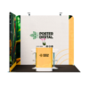 Stand modular sustentável 300x300 da Poster Digital com estrutura em alumínio, painéis personalizáveis em tecido e iluminação LED, ideal para feiras e eventos.