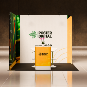 Stand modular sustentável 300x300 da Poster Digital com estrutura em alumínio, painéis personalizáveis em tecido e iluminação LED, ideal para feiras e eventos.